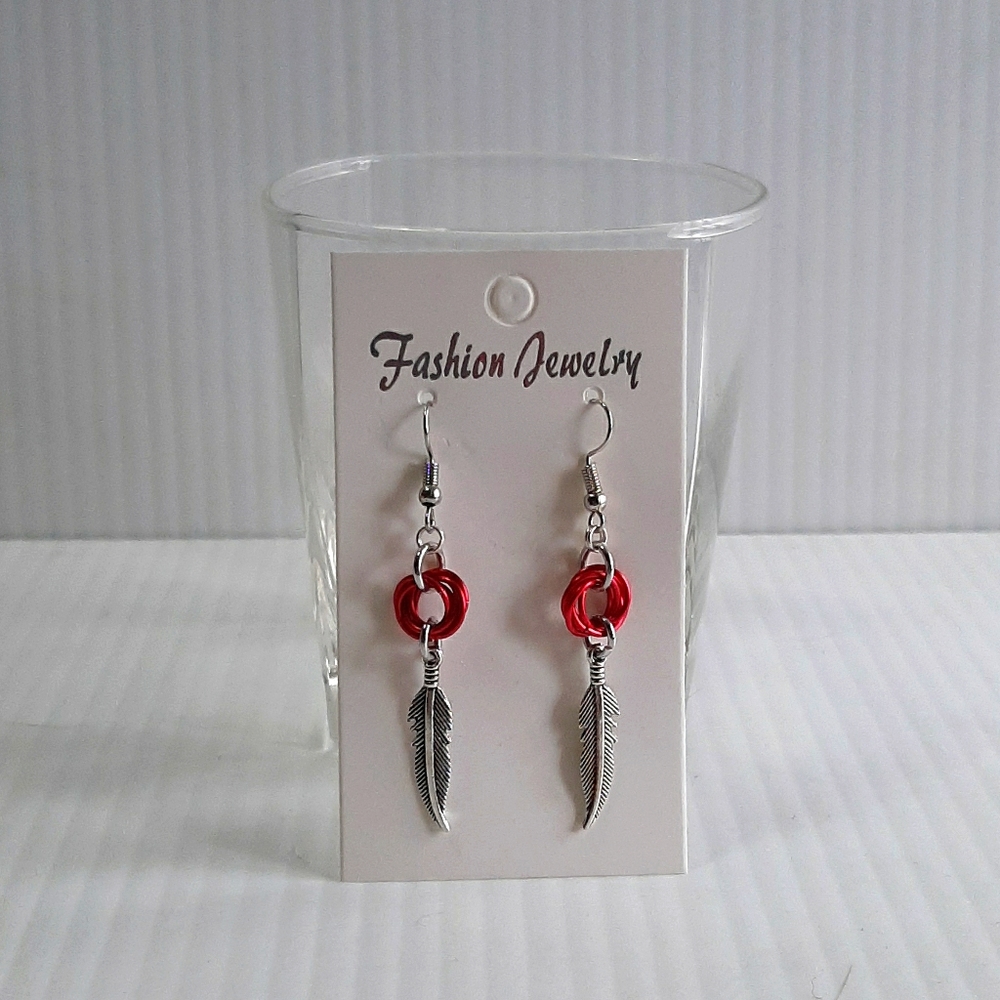 HandCraftedEarringsPiercedChainMaille/FeatherCharm